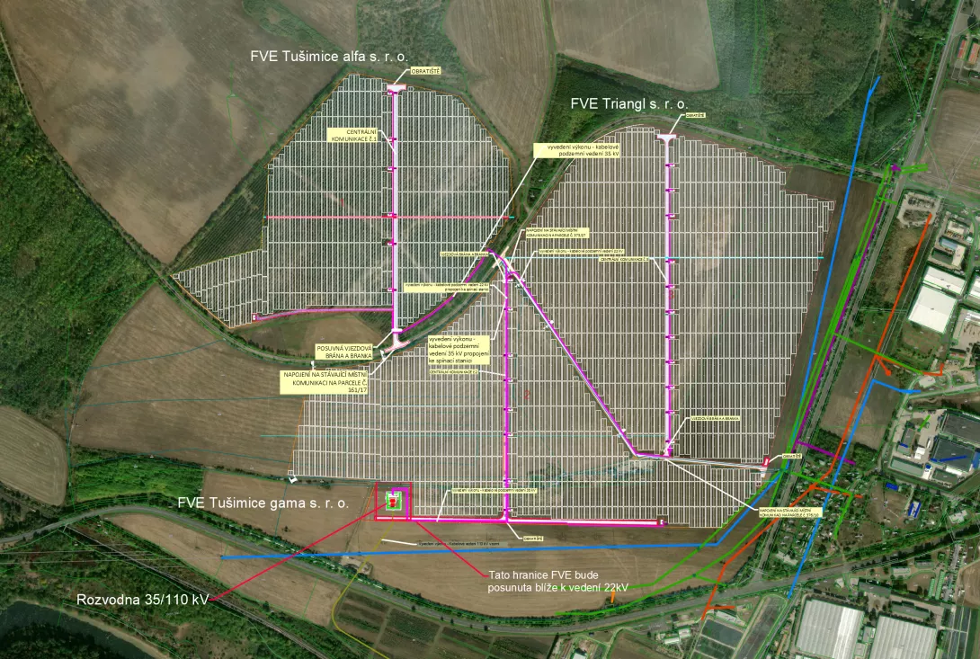 Published Tušimice PV layout naming FVE Tušimice alfa and FVE Triangl